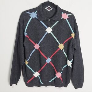 VTG Gianni Versace Women Argyle Sweater Large Diamond Soft Stretch Button Collar